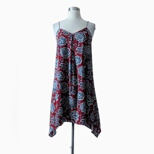 MADEWELL Dress Floral Dark Red Blue Silk Sleeveless Lined Asymmetrical Hem XS